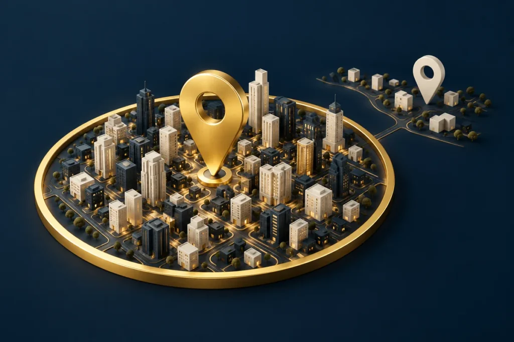 مجسم مدينة داخل حلقة ذهبية ودبوس موقع ذهبي مع منطقة ودبوس عاجي خارج الحلقة على خلفية كحلية