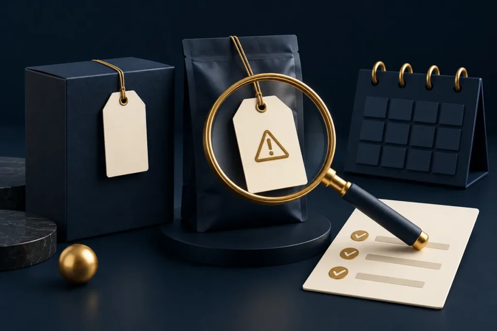 عدسة مكبرة ذهبية أمام بطاقة منتج تحمل رمز تنبيه، بجوار عبوتين كحليتين وتقويم وبطاقة فحص فاتحة