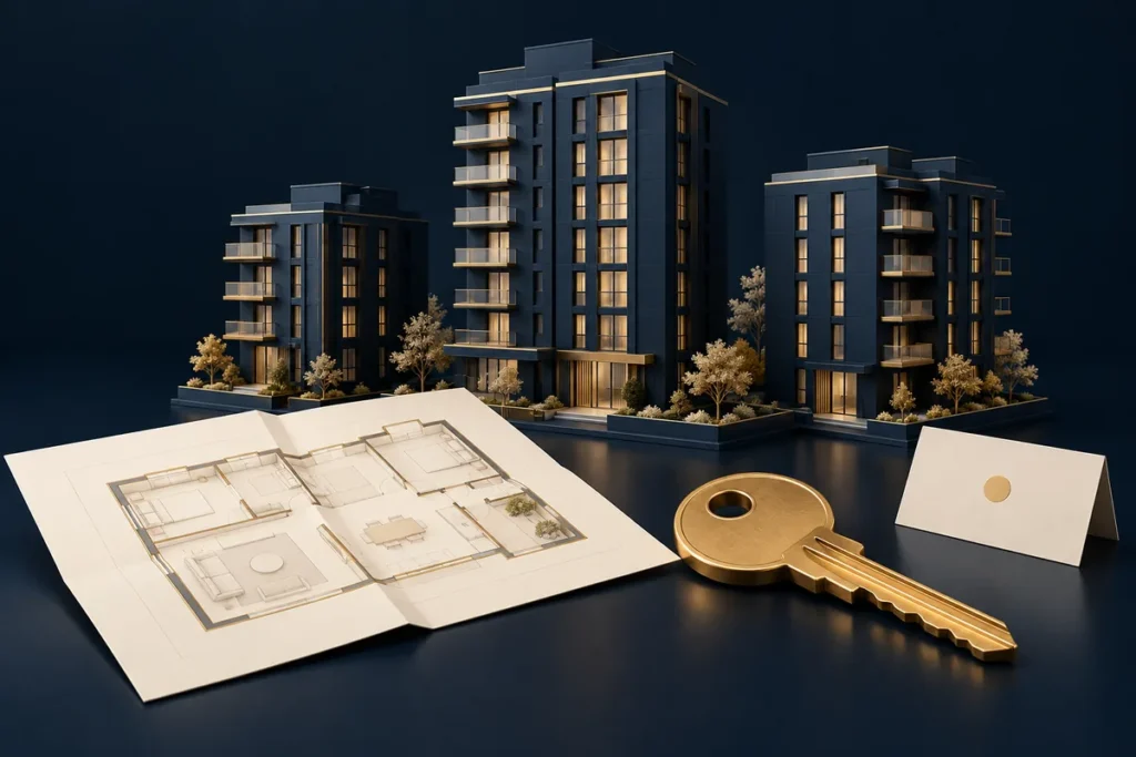مجسمات عمارات كحلية أمامها مخطط عاجي ومفتاح ذهبي وبطاقة موعد