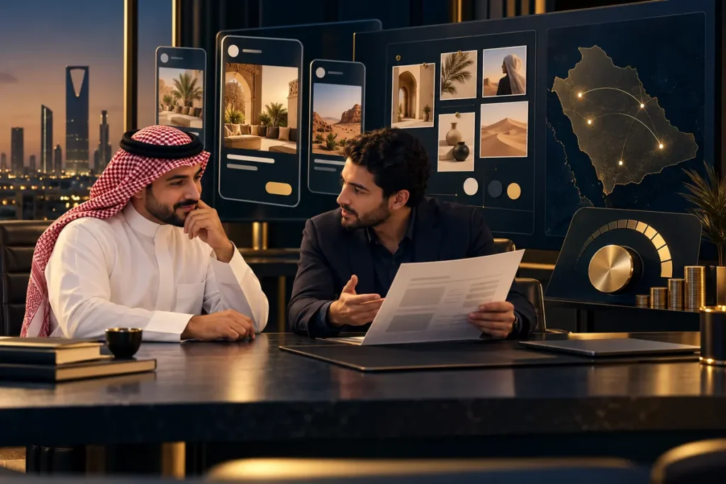 صاحب مشروع سعودي يناقش نطاق إدارة الحملات مع مسوّق أمام لوحات كرييتف وخريطة المملكة بألوان كحلية وذهبية