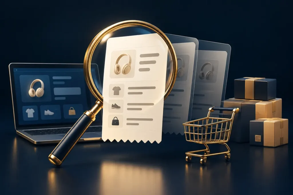 عدسة ذهبية تفحص إيصال طلب أمام نسخ متداخلة منه بجوار حاسوب وعربة تسوق وصناديق على خلفية كحلية